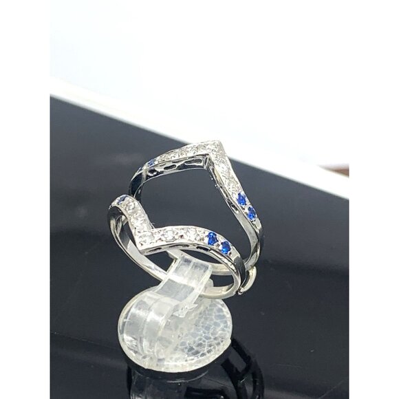 Engagement Ring Guard 14k White Gold Diamond Blue Gemstone Wedding Band Size 5.5 - Picture 11 of 15